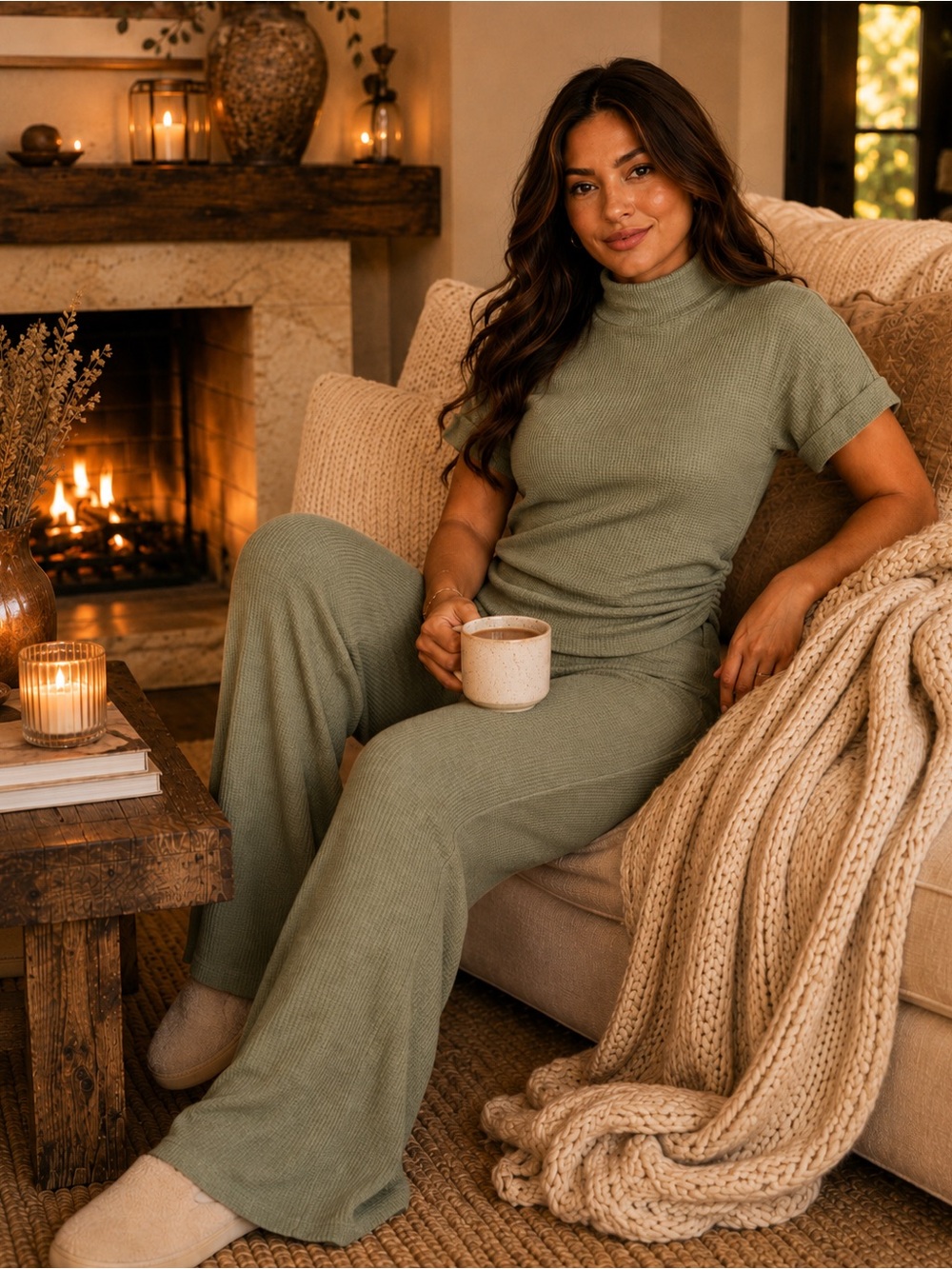 Zenana Olive Waffle Knit Flare Lounge 2 piece Set 🌿